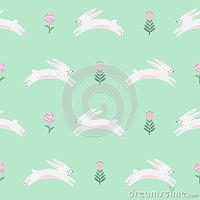 Easter bunny with spring flowers seamless pattern on green background. Vector Illustration