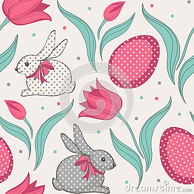 Easter bunny and tulips floral seamless pattern Vector Illustration