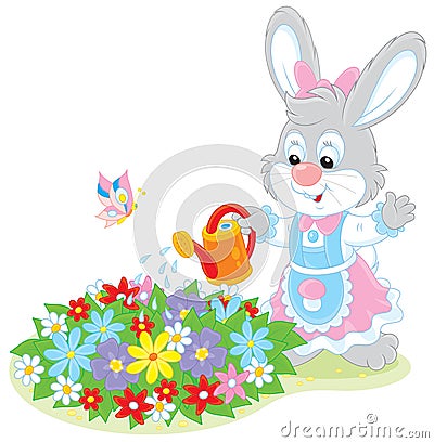 Easter Bunny watering flowers Vector Illustration
