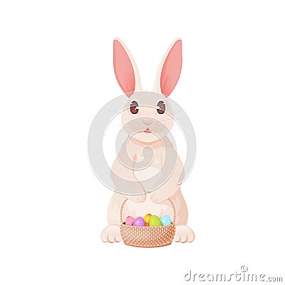 Easter bunny wicker basket egg cartoon character Vector Illustration