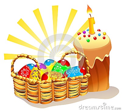 Easter Cake And Basket With Painted Eggs Vector Illustration