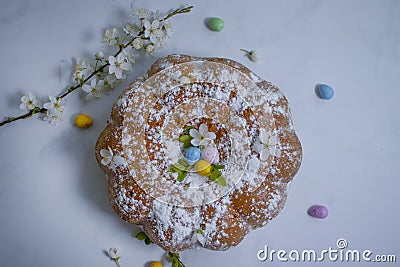 Easter cake, cherry decor spring season tradition pastry decorated celebrate delicious on a light background Stock Photo