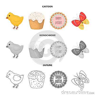 Easter cake, chicken, butterfly and greeting sign.Easter set collection icons in cartoon,outline,monochrome style vector Vector Illustration