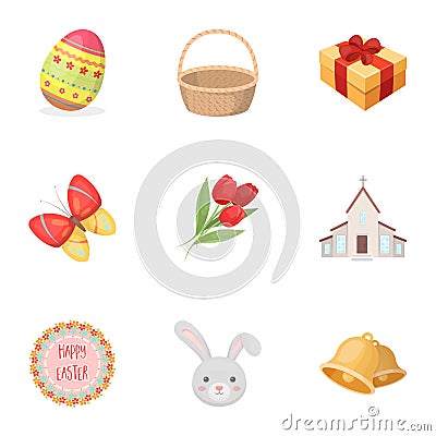 Easter cake, chicken, butterfly and greeting sign.Easter set collection icons in cartoon style vector symbol stock Vector Illustration