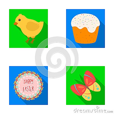 Easter cake, chicken, butterfly and greeting sign.Easter set collection icons in flat style vector symbol stock Vector Illustration