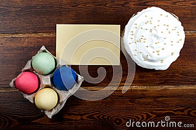 Easter cake with different eggs and card Stock Photo