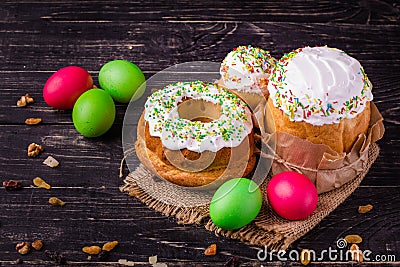 Easter cake and Easter eggs, traditional holiday attributes Happy Easter!. food background. dark background. top Stock Photo