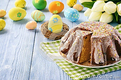 Easter cake on easter festive table. Copy space. Stock Photo