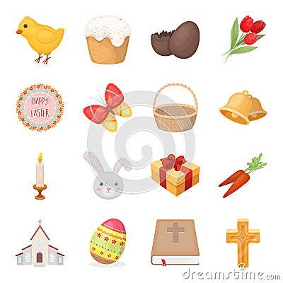 Easter cake, egg, chicken, rabbit, butterfly and other attributes. Easter set collection icons in cartoon style vector Vector Illustration