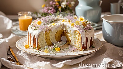 Easter cake, flowers on the background cream baked decorated gourmet biscuit Stock Photo