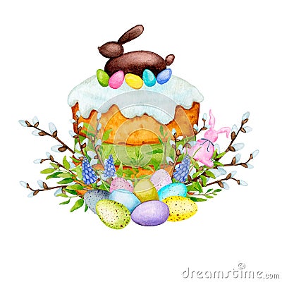 Easter cake with icing decorated with chocolate hare, eggs and willow. Stock Photo