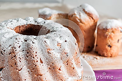 Easter cake with icing sugar and raisins Stock Photo