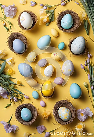 Easter cake and painted pastel Easter eggs Stock Photo
