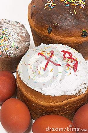 Easter cake and paschal eggs Stock Photo