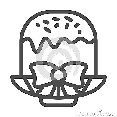 Easter cake on plate with bow line icon. Traditional Paschal dessert with glace outline style pictogram on white Vector Illustration