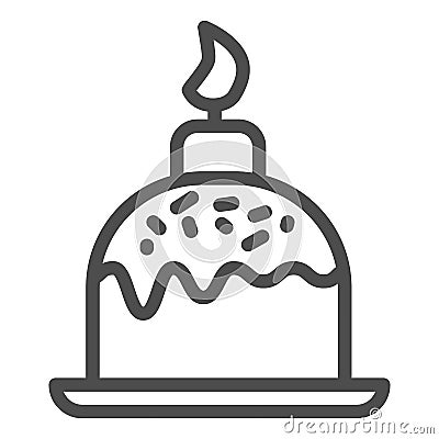 Easter cake on plate with candle line icon. Traditional paschal dessert with sprinkles outline style pictogram on white Vector Illustration
