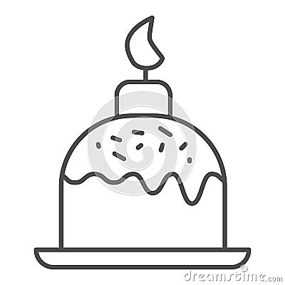 Easter cake on plate with candle thin line icon. Traditional paschal dessert outline style pictogram on white background Vector Illustration