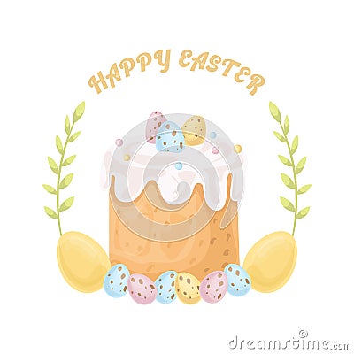 Easter cakes and spring flowers bouquet greeting card. Happy Easter card. Vector stock illustration. Cartoon style Vector Illustration