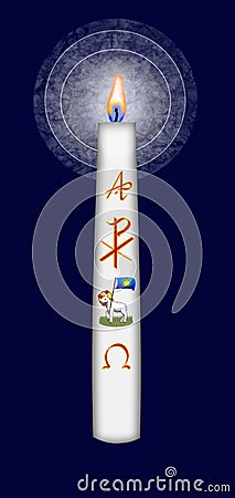 Easter candle with Christ monogram and alpha and omega symbol Stock Photo