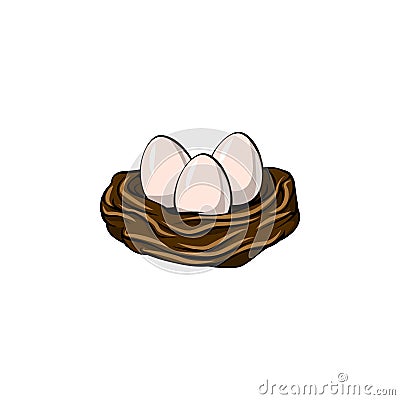 Easter card. Birds nest. Three eggs. Easter design element. Spring icon. Vector. Vector Illustration