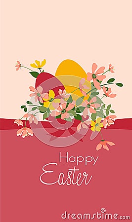 easter card with easter eggs and flowers on pink background with bow Vector Illustration