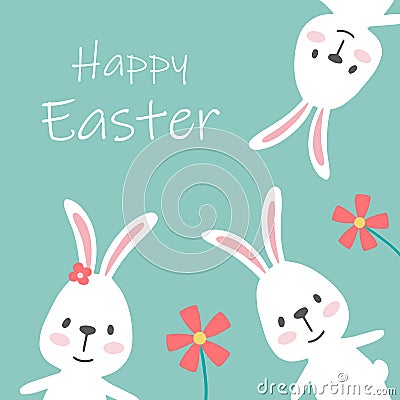 Easter card with bunnies and flowers Vector Illustration