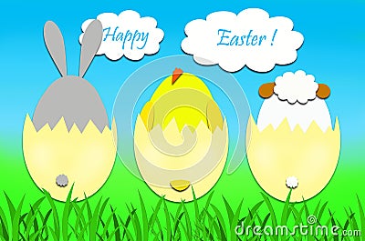 Easter card with bunny,chicken and lamb in eggs Stock Photo