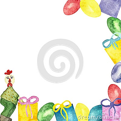 Easter card-cheerful chicken with a gift, watercolor card with colorful eggs, with boxes of gifts, bows, isolated on a white Stock Photo