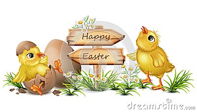 Easter card with cute Chicken Vector. cracked eggs, wooden sign, place for texts Stock Photo