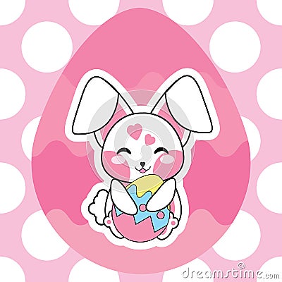 Easter card with cute girl rabbit and colorful eggs Stock Photo