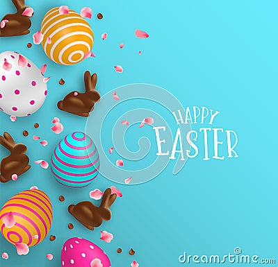 Easter card of 3d chocolate bunny and color eggs Vector Illustration