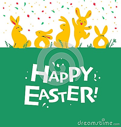 Easter card design with bunny characters sitting, jumping, smiling isolated on green grass. Vector Illustration