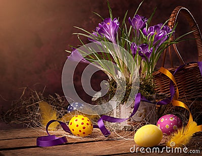 Easter card with eggs spring flowers Stock Photo