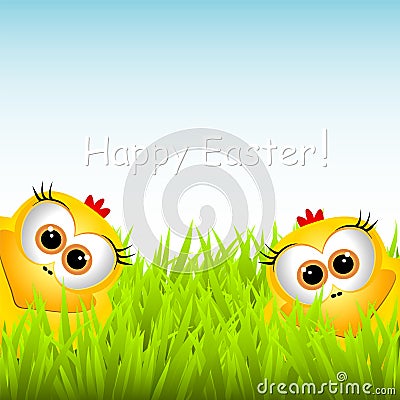 Easter card with funny chickens Vector Illustration