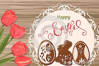 Easter card with lettering and gingerbread in the form of eggs. Tulips background, spring holidays Vector Illustration