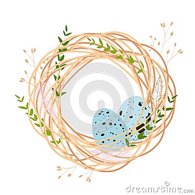 Easter card. Quail nest. Spring background. Frame, wreath with a feather. Vector Illustration