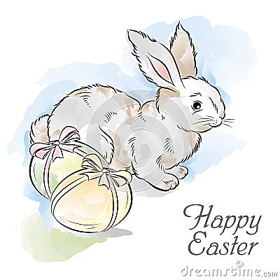 Easter card with rabbit and two eggs Vector Illustration