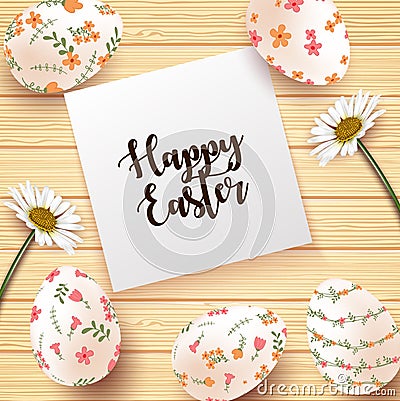 Easter Card with realistic eggs and daisy flower on wood texture background Vector Illustration