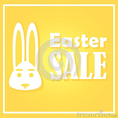 Easter card with sales on a festive day. A rabbit on a yellow background is depicted. With a simple thin rectangular frame. Vector Illustration