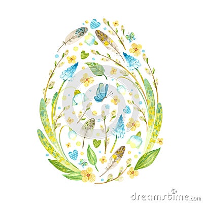 Easter card in the shape of an egg with Easter eggs, pussy willow, feathers and flowers Stock Photo