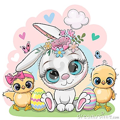 Easter card Two Cute chickens and Bunny Vector Illustration