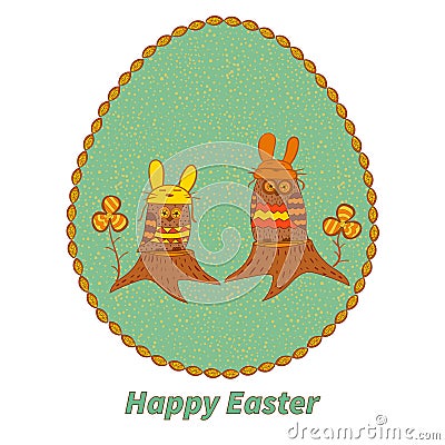 Easter card. Two owls on stumps. Vector Illustration