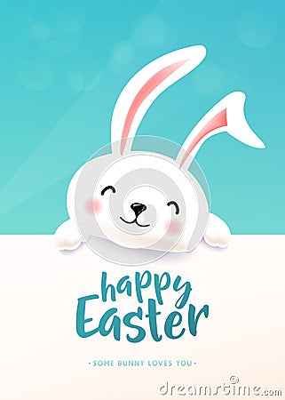 Easter card with white cute funny smiling rabbit. Easter bunny wishing spring Vector Illustration