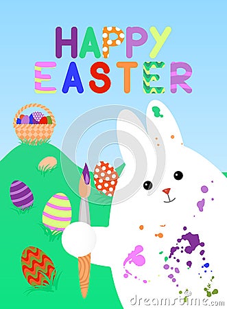 Easter card with white rabbit, smeared with paint brush in his paw. In the background lie grass colored eggs with patterns, there Vector Illustration