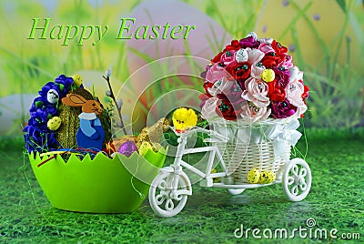Easter card with wishes, Easter egg chicks and eggs with hare - handicraft. Stock Photo