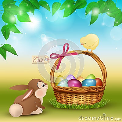 Easter cartoon scene with cute rabbit and chicken Vector Illustration