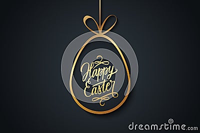 Easter celebrate banner with golden easter egg and handwritten holiday wishes of a Happy Easter on black background. Vector Illustration