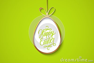 Easter celebrate banner with golden easter egg and handwritten holiday wishes of a Happy Easter on green background. Vector Illustration