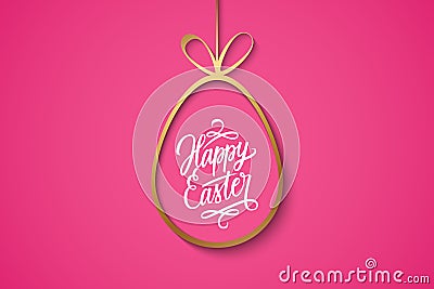 Easter celebrate banner with golden easter egg and handwritten holiday wishes of a Happy Easter on pink background. Vector Illustration