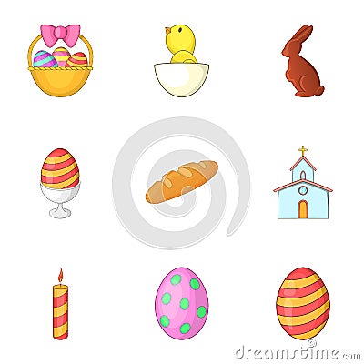 Easter celebration icons set, cartoon style Vector Illustration